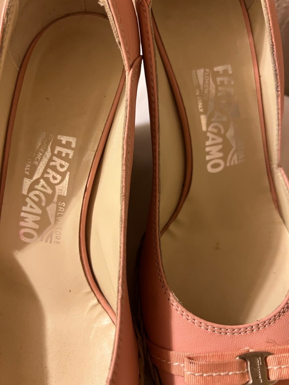 Salvatore Ferragamo 7 1/2 C  Pink Leather Bow Espadrille Wedges Shoes Pumps - Picture 12 of 13